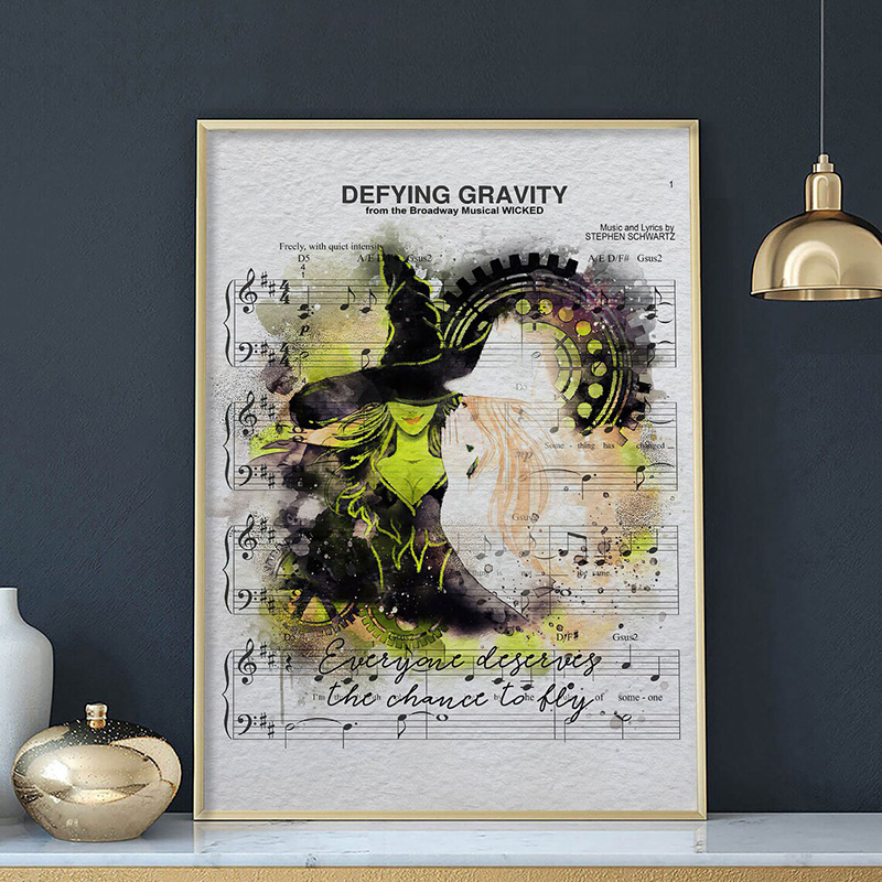 Musical Instrument Poster - Wicked Musical โปสเตอร์ศิลปะบนผนัง Defying แรงโน้มถ่วงเพลงแผ่นรูปภาพผ้าใบพิมพ์แม่มดเพลงห้องนั่งเล่นตกแต่งบ้านภาพวาด