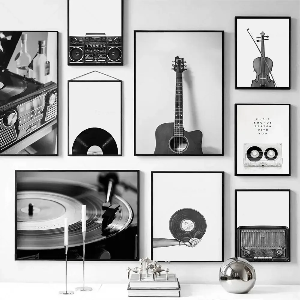 Musical Instrument Poster - ศิลปะบนผนังโมเดิร์นเรียบง่ายผ้าใบเพลงขาวดำกีต้าร์ไวนิล HD โปสเตอร์ลายพิมพ์ตกแต่งห้องนอนห้องนั่งเล่นบ้าน
