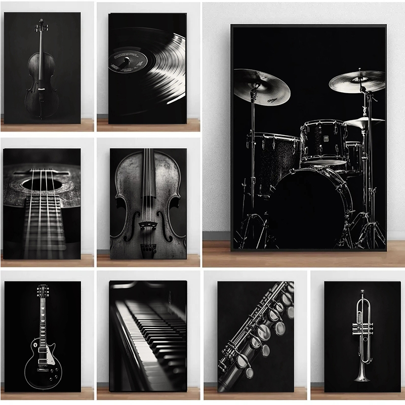 Musical Instrument Images - เครื่องดนตรีคลาสสิกภาพถ่ายโปสเตอร์ไวโอลินแผ่นเสียงไวนิลแซ็กโซโฟนพิมพ์ภาพวาดผ้าใบภาพผนังตกแต่งบ้าน